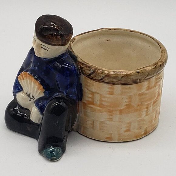 Occupied Japan Vintage Hand Painted Porcelain Sitting Japanese Man w/Fan Planter - Picture 2 of 11